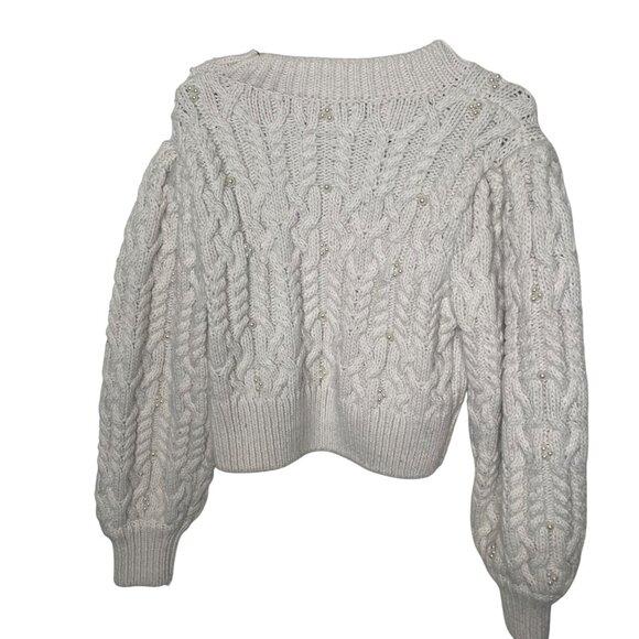 Zara Chunky Cable Knit Pearl Embellished Sweater Womens L Ivory - Picture 3 of 8